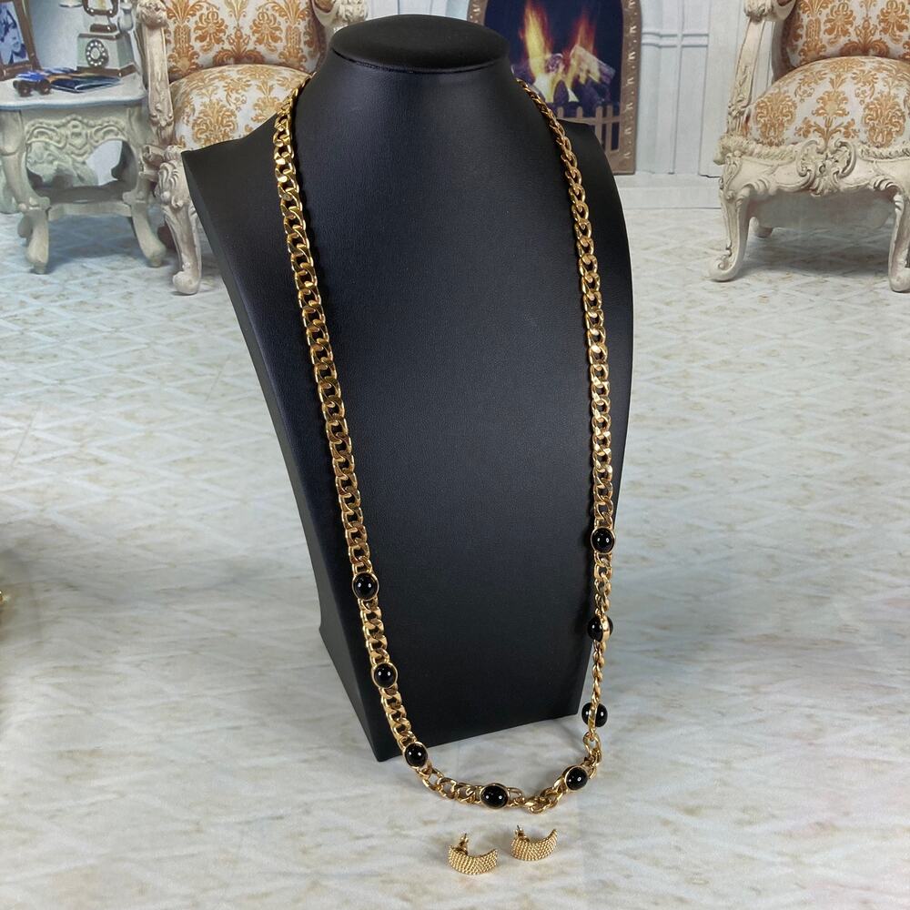MONET Jewelry Set Gold Chain Black Cabochon Necklace & Earrings Vintage 80s